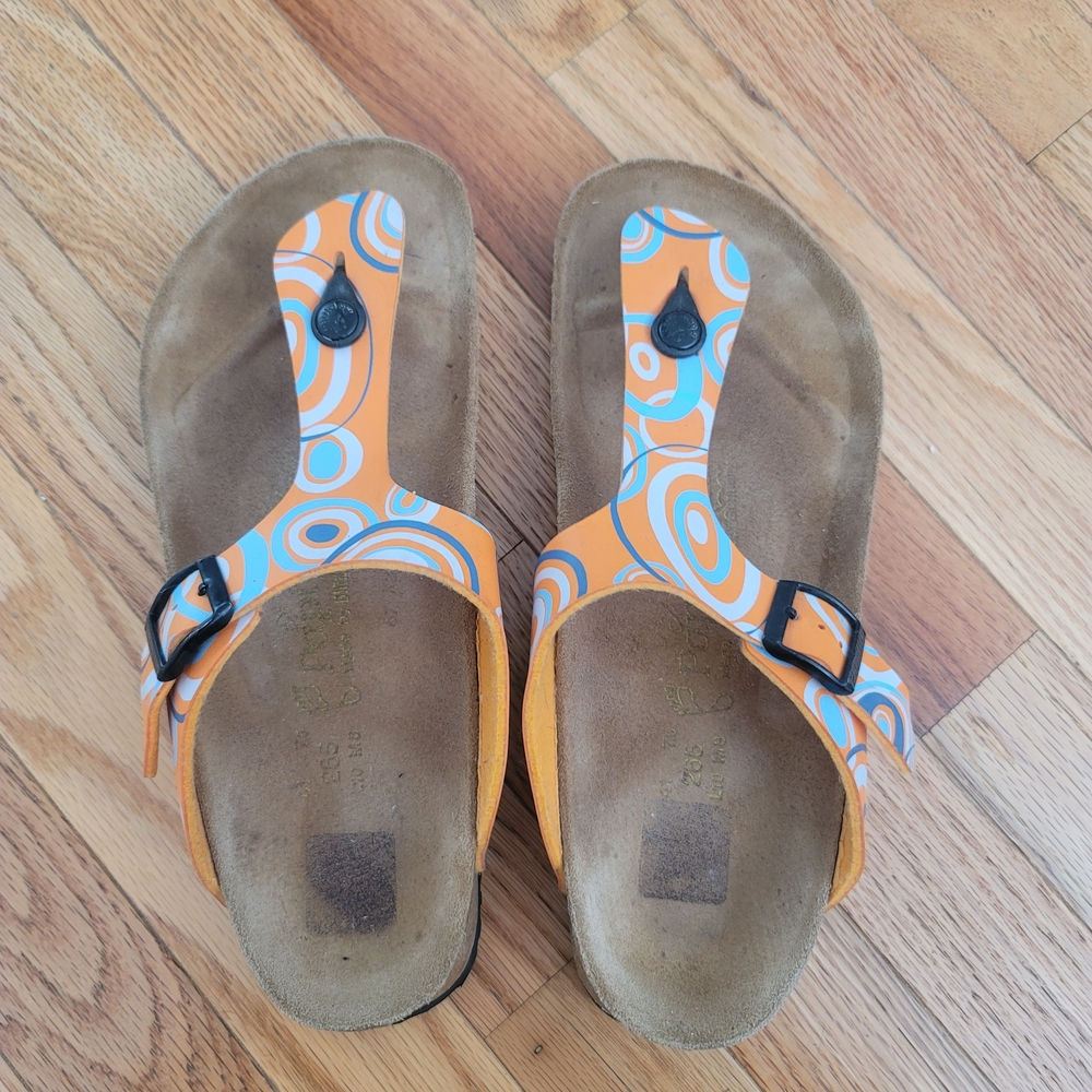 Orange and Blue Geometric Sandals with Comfort Footbed